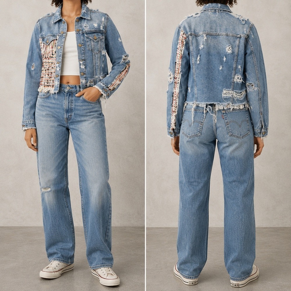 Zara Trafaluc Denim Jacket Womens Small Distressed Tweed Panel Frayed Hem Boho